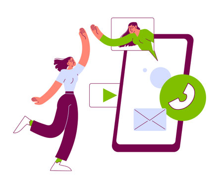 Video call mobile chat conversation friends giving a high-five on smartphones in the chat messengerのイラスト素材