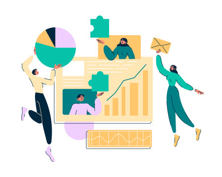 People team up to work with data create a dashboard with graphicsのイラスト素材