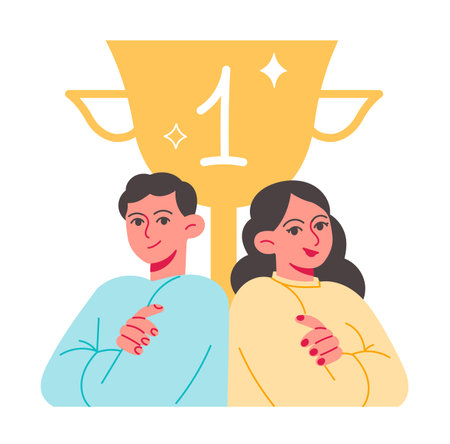 Partners with achievement cup, successful employees achieved high resultsのイラスト素材