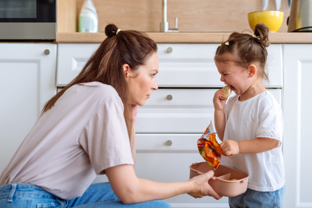 Mother gives her daughter a cookieの写真素材