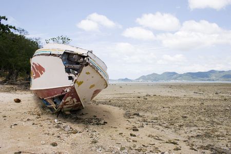 A  speedboat wreck on the coast of Koh Samui, Thailandの写真素材