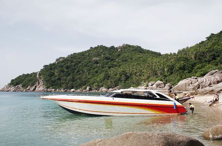 Speedboat moored at Mango Bay, Koh Tao Island, Thailandの写真素材