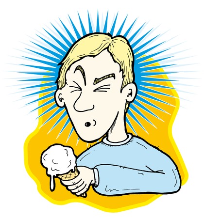 Illustration of a person getting brain freeze. An ice cream headache is triggered by a sudden change in temperature that occurs in your mouth when you eat something cold.のイラスト素材