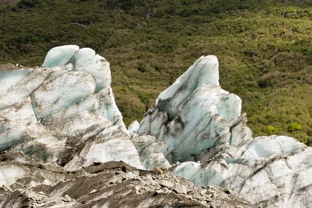 Close up of the Fox Glacier on the West Coast of the South Island, New Zealand. A frozen river of stone and ice.の写真素材