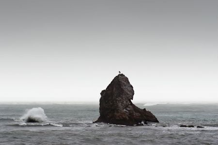 A rock is pounded by waves and wind in Nelson, New Zealandの写真素材
