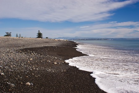Haumoana Beach looking towards Napier City, Hawke's Bay, New Zealandの写真素材