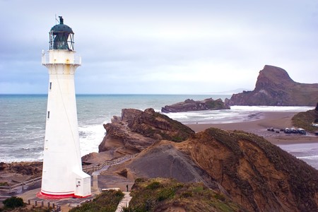 The lighthouse at Castlepoint in the Wairarapa coast, New Zealandの写真素材