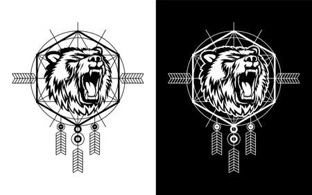illustration of bear with detailed shadow lines with sacred geometry vector on the backgroundのイラスト素材