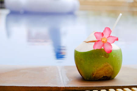 Coconut with straw in pool sideの写真素材