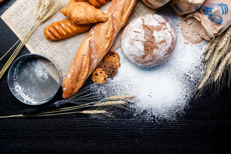 baked bread on tableの写真素材