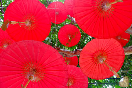 look up view red umbrellas hanging decorationの写真素材