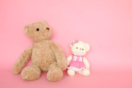 couple teddy bears on pink background