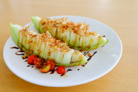 salad melon topping katsuo, Japanese fusion food style on table