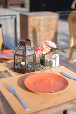 Decoration on the table with flowers and candles, Select focus