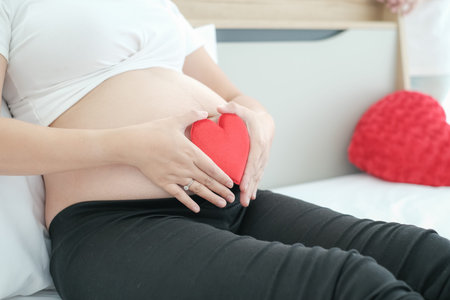 portrait asian young pregnant woman holding heart sign in hand on belly