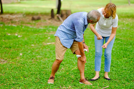 Portrait caucasian senior woman and old man, couple elder in love happy in the parkの写真素材