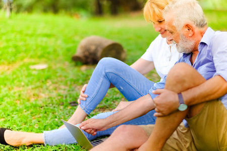 Portrait caucasian senior woman and old man, couple elder in love happy in park playing social...