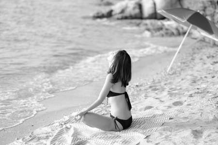 portrait asia woman sexy bikini in seaside happy life on summer seasonの写真素材