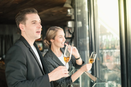 two Business man and woman People Party Celebration Success after working in cafe