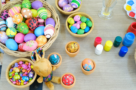 Colorful easter eggs in Basket, Happy easter day