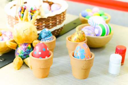 Colorful easter eggs in Basket, Happy easter day
