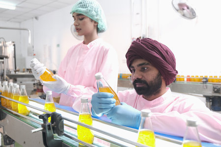 south Asia man factory worker and woman expert quality staff is checking bottles line for beverageの写真素材