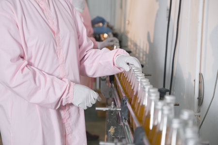 closeup in hand of female factory worker or woman expert quality staff is checking bottles line for beverageの写真素材