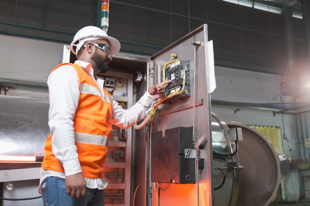 portrait South Asia male factory worker or Man engineer or expert staff is maintenance and checking...