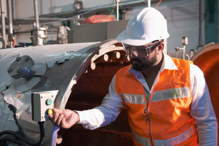 South asia male factory worker or Man engineer or expert staff wear safety vest and helmet of...
