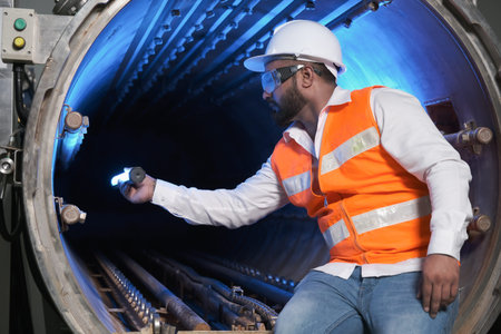 South asia male factory worker or man engineer or expert staff wear safety vest and helmet of...