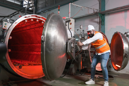South asia male factory worker or Man engineer or expert staff wear safety vest and helmet of maintenance and checking steam boilerの写真素材