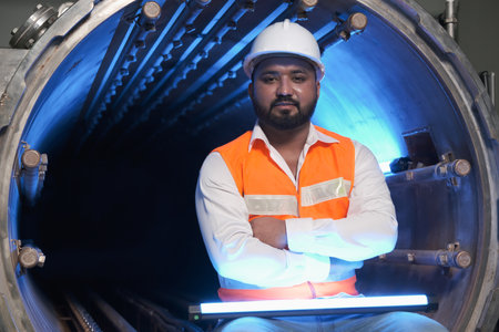 South asia male factory worker or man engineer or expert staff wear safety vest and helmet of maintenance and checking steam boiler with UV cleaningの写真素材