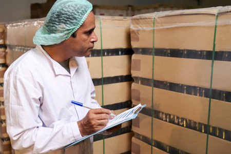 south Asia senior man factory worker or expert staff is checking stock in storeの写真素材