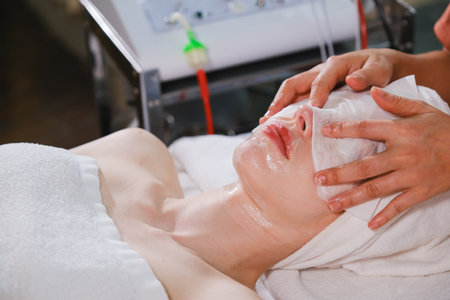 Close-up of a young woman receiving facial massage at spa salonの写真素材