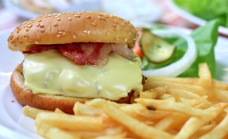 Hamburger with fries,cheese,bacon and saladの写真素材