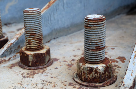 Chiangmai, Thailand - June 27: Big rusty metal nuts locked with rust and corrosion bolts at 700th...