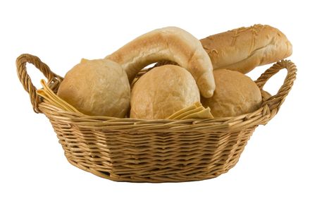 Basket of fresh rolls with white background.の写真素材