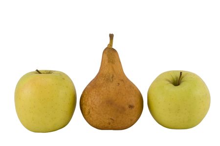 Two allples and one pear with white background.の写真素材