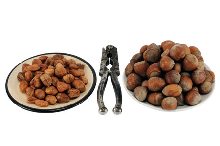 Filbert and nuts on plates with old cracker, isolated on white.
