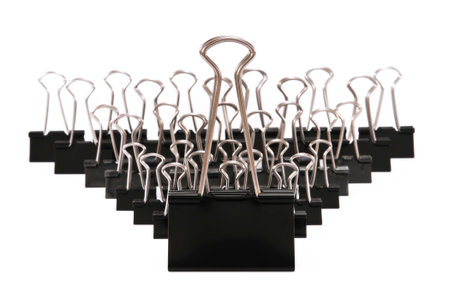 Black metal binder clips with a dominant big one (leader).
