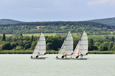 Three sailing boat at Lake Balaton (Hungary).の写真素材