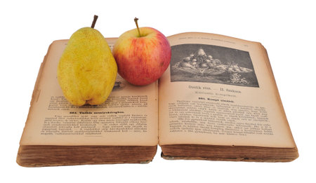 Very old hungarian recipe book (published 1894) with one apple and pear, isolated on white.