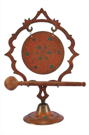 Old chinese gong with wooden beater isolated on white.の写真素材