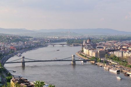 Aerial view of the Danube with Chain Bridge and Parliament (Budapest - Hungary).の写真素材