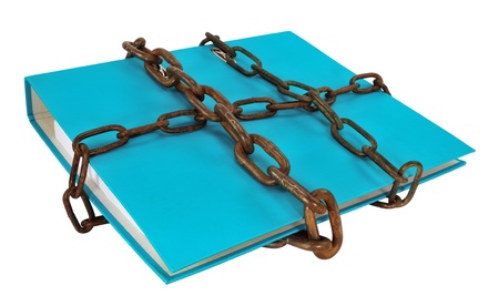 Blue file folder protected with chain, isolated on white.の写真素材