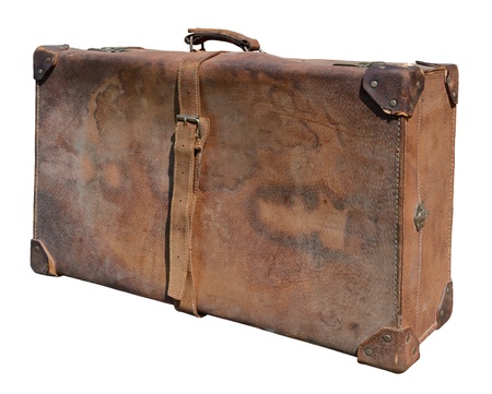 Very old leather suitcase, isolated on white.の写真素材