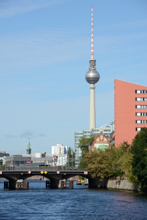 Berlin, view from river Spree with TV-Tower  Germanyの写真素材