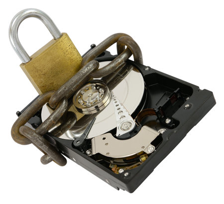 Opened hard disk drive with chain and lock as data protection concept, isolated on white 