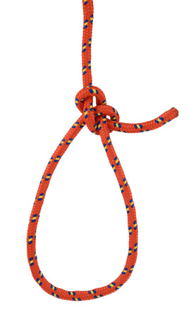 Red bowline form isolated on white, a useful and secure loop that will not jam.の写真素材