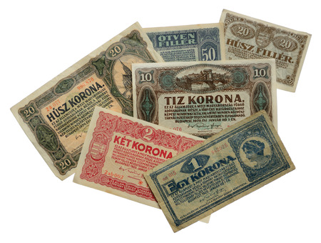 Old Hungarian banknotes from 1920s not in used since 1927 isolated on white.の写真素材